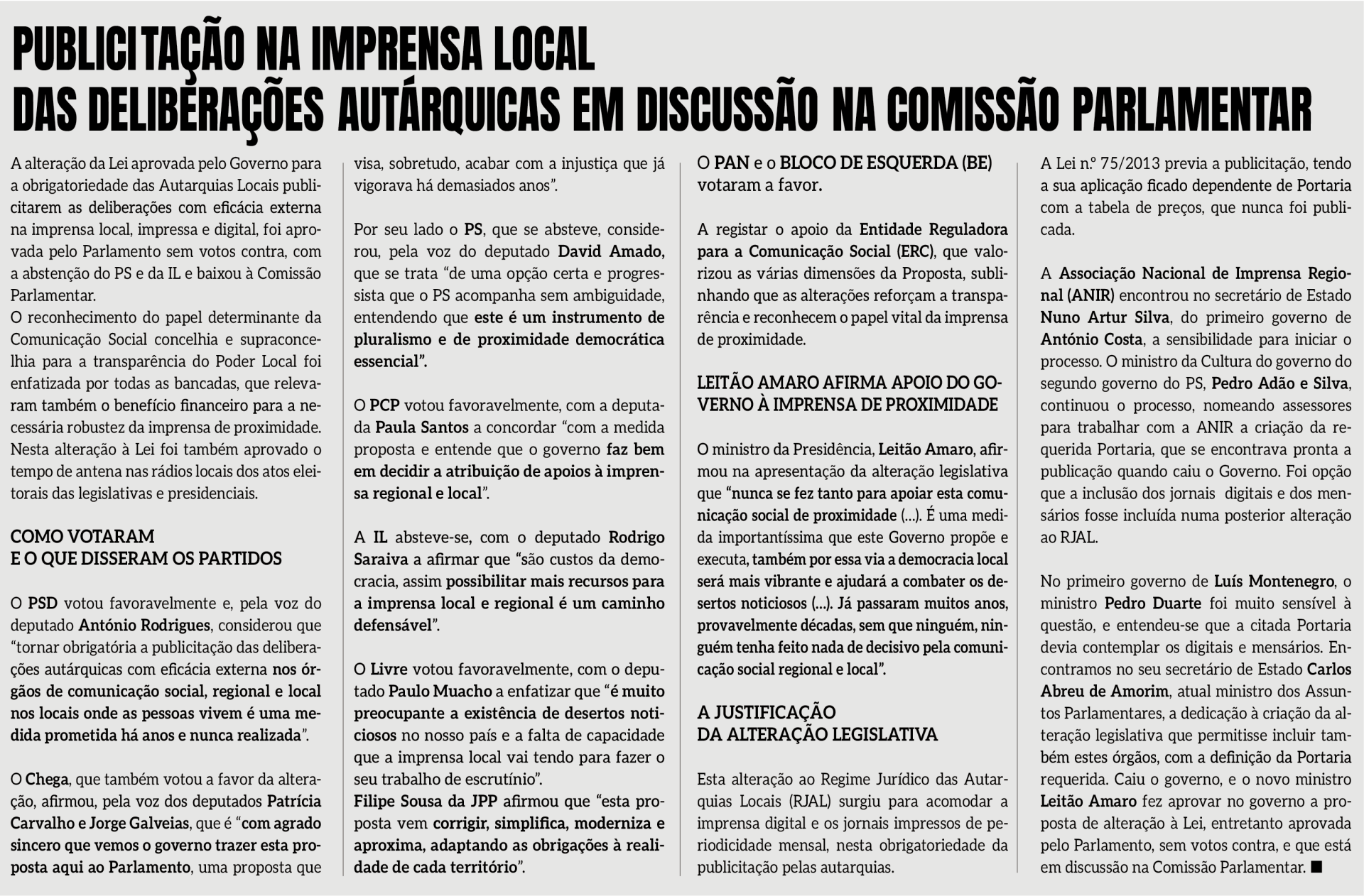 PUBLICITAÇÃO NA IMPRENSA LOCAL DAS DELIBERAÇÕES AUTÁRQUICAS EM DISCUSSÃO NA COMISSÃO PARLAMENTAR
